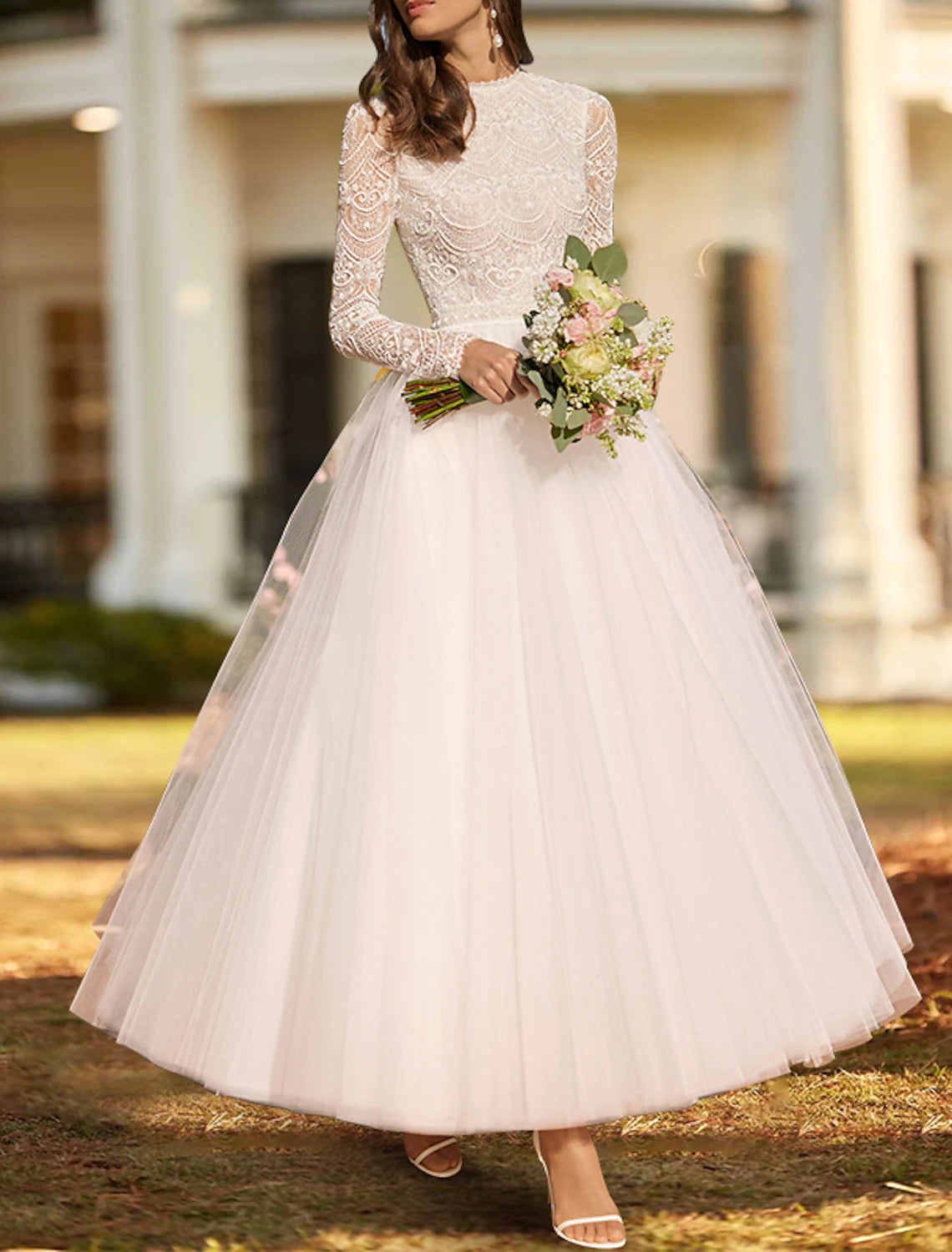 Wholesale Reception Simple Wedding Dresses Wedding Dresses A-Line Sweetheart Strapless Ankle Length Lace Bridal Gowns With Pleats Solid Color